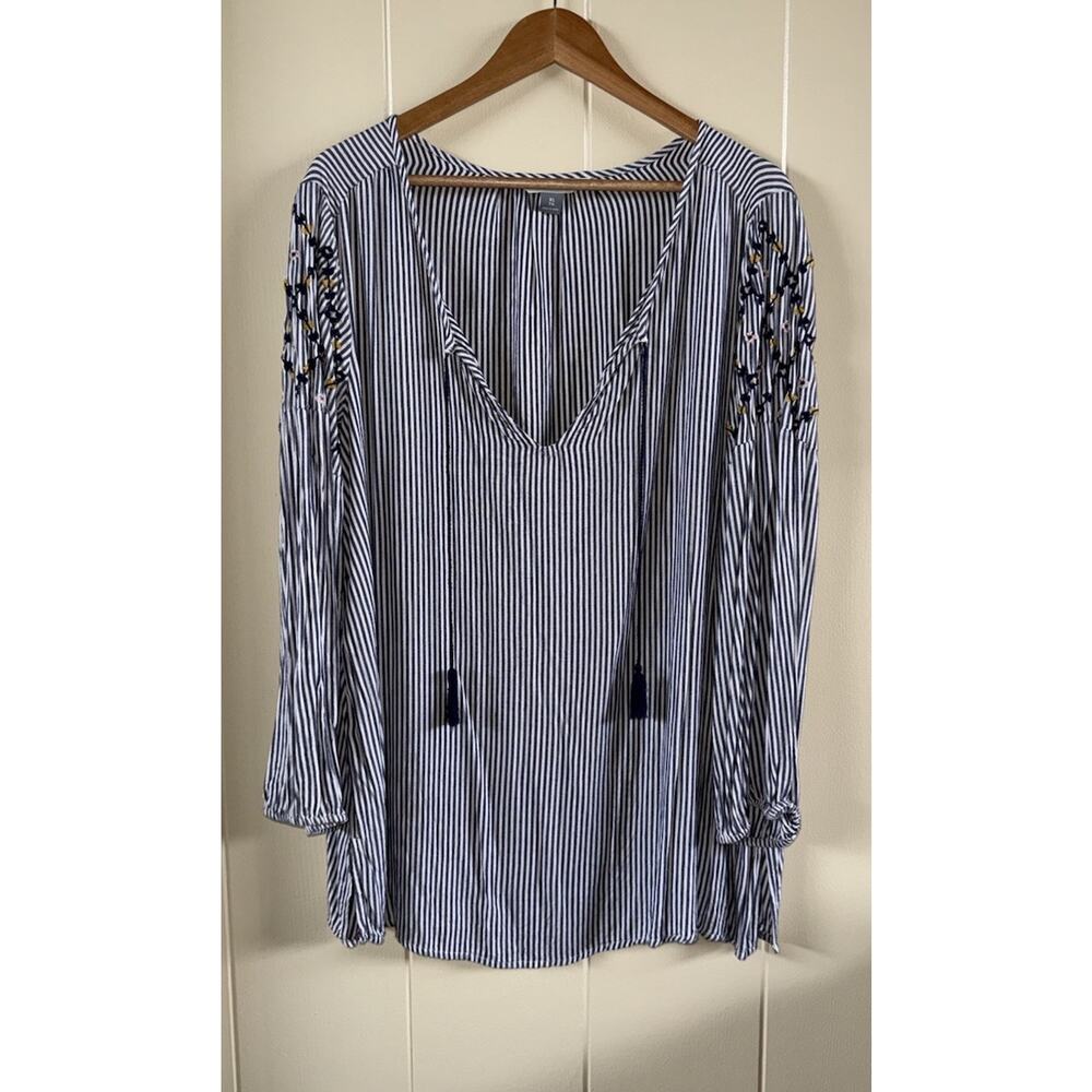 Old Navy The Tunic Shirt Women's XL Blue Stripe Embroidered Balloon Sleeve BOHO